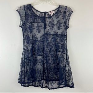 NWOT Arizona Jean Co Navy Blue Sheer Lace Patchwork Top XS